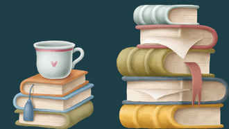 mug and stacks of books