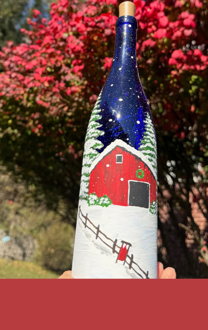 painted wine bottle with winter scene