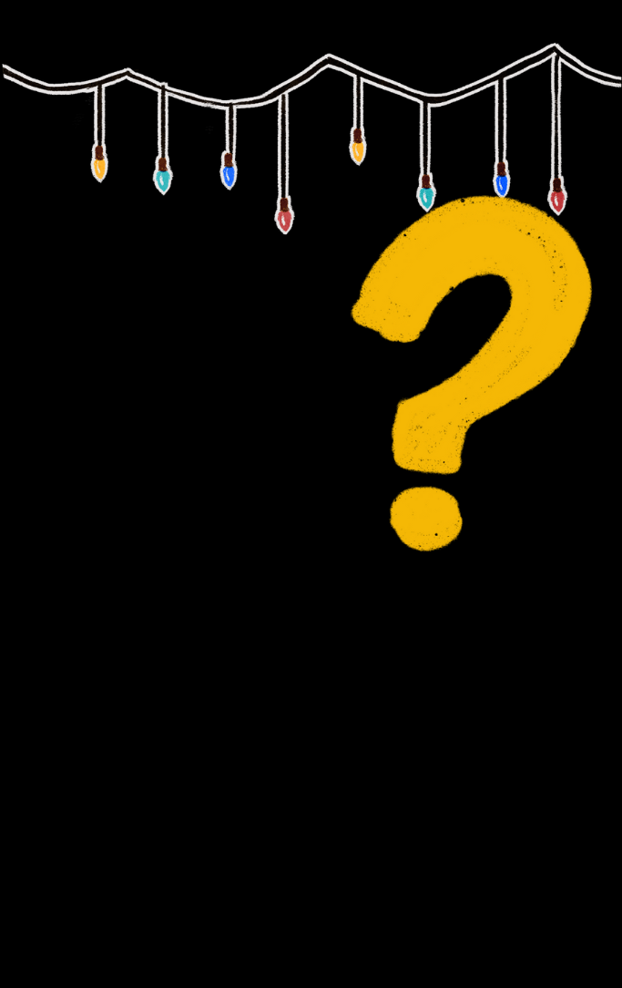 question mark and strung lights