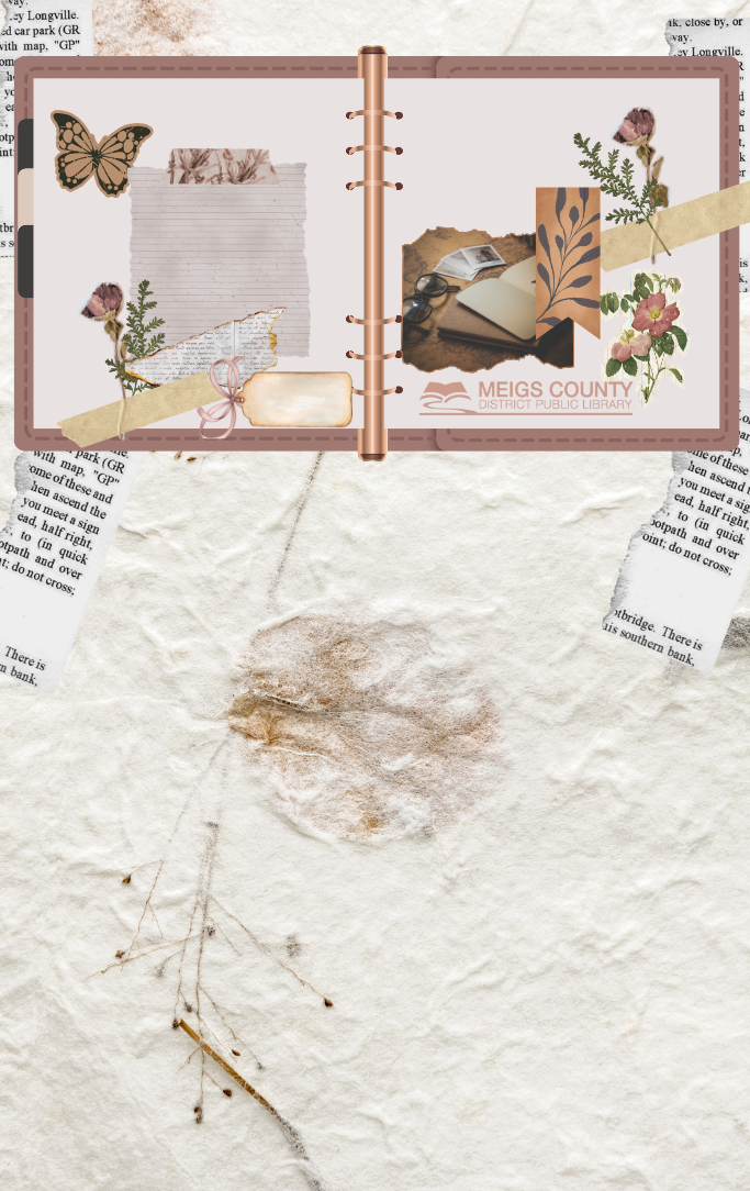 open scrapbook with details featuring ripped paper, and natural elements like butterflies and cut flowers