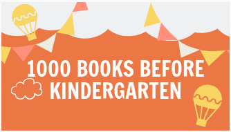 "1000 Books Before Kindergarten" logo. Orange background with hot air balloons and banners