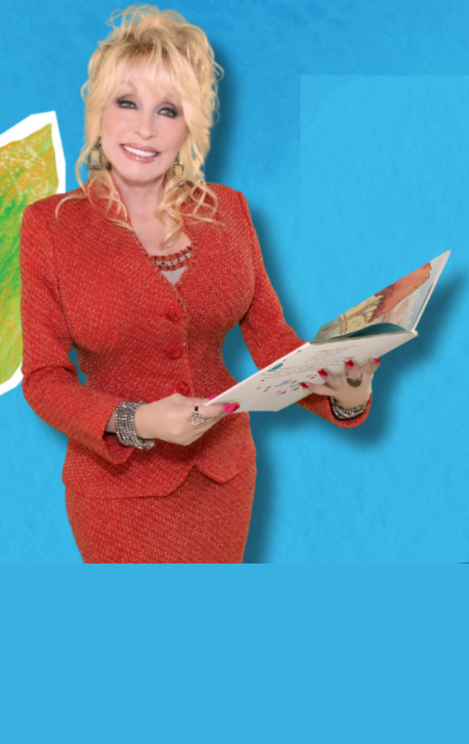 Dolly Parton holding an open book