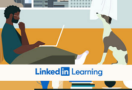 reads "LinkedIn Learning" over graphic of person using a laptop and a dog sitting nearby