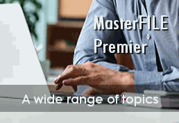 "MasterFILE Premier" over photo of a man typing on laptop