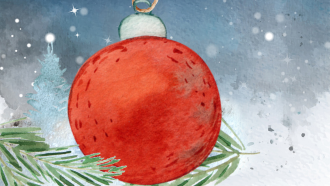 red bulb christmas ornament with snowy background
