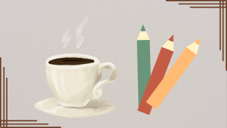 coffee cup and colored pencils