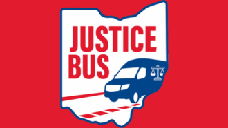 justice bus logo: the outline of the state of Ohio with the text "Justice Bus" and a blue van inside the state outline. on a red background
