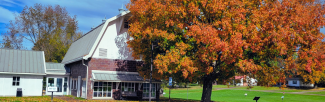 Racine library with fall trees against a blue sky.