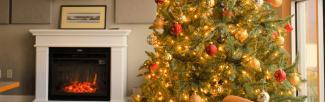 A lit fireplace next to a decorated Christmas tree.